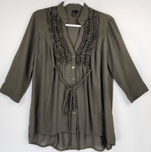 Love + Haight Shirt Womens Large Olive Green Ruffled High Low 3/4 Sleeve Blouse - $19.79