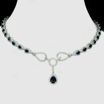 30CT Blue Sapphire &amp; Simulated Diamond Drop Necklace  925 Silver Gold Pl... - $345.70