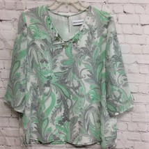 Alfred Dunner Womens Blouse Green Floral Print 3/4 Sleeve V Neck Embellished 12 - £9.83 GBP