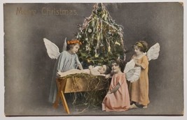 Christmas Greetings Children Angels Baby Jesus At Decorated Tree Postcard S26 - £7.14 GBP