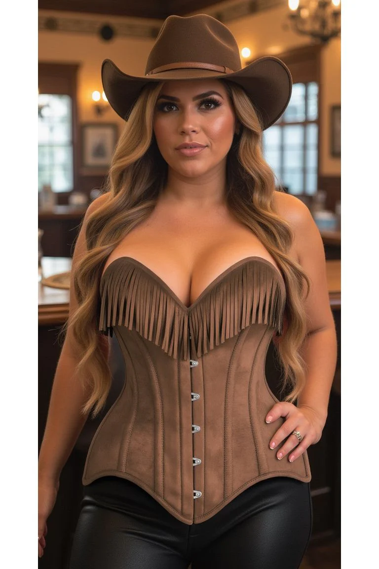 Western Style Suede Corset ~Top Drawer Tan Steel Boned Overbust Corset w/Fringe - $3,093.05 MXN