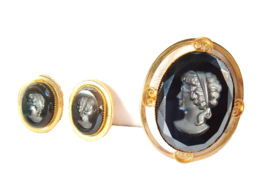 Vtg Set Black Glass carved cameo brooch clip earrings steampunk Victorian rvival - £62.89 GBP