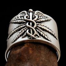 Wide Cannabis Leaf Men&#39;s Statement Ring Medical Weed Marijuana - Sterling Silver - £72.16 GBP