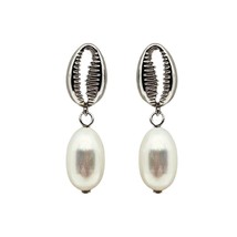 White Synthetic Oval Pearl and Cowrie Sea Shell Sterling Silver Dangle Earrings - £28.18 GBP