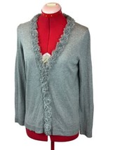 TALBOTS Gray Cardigan Button Sweater with Fringe Collar SMALL Long Sleev... - £13.85 GBP