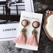 Women Fashion Vintage Velvet Ball Fringed Drop Earring (Pink) - £5.81 GBP