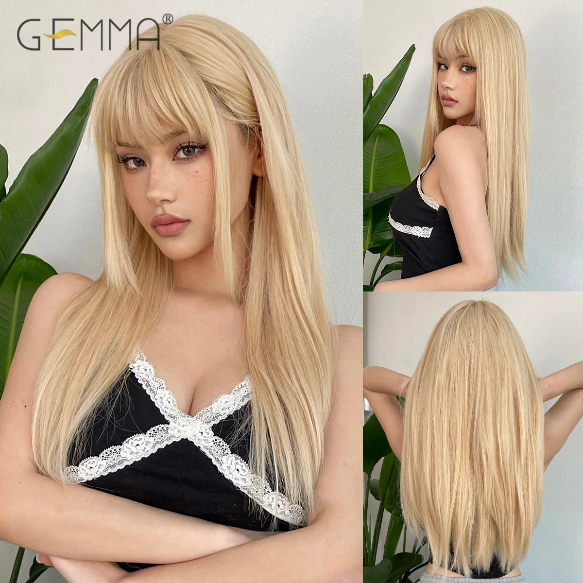 GEMMA Synthetic Light Blonde Long Straight Wig with Bangs Natural Cosplay Hair - £14.77 GBP+