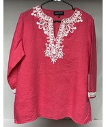Jones New York Pink Linen V-Neck Tunic with White Embroidery Petite Large - $17.67