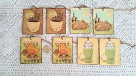 8 Pcs Primitive Bunny Chick Egg Grungy Gift Vintage Linen Hang Tags #MNSD - £11.99 GBP