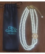 City Girls &amp; Pearls Necklace Ivory Faux 3 Strand Gold Crystal Floral Pen... - £46.46 GBP