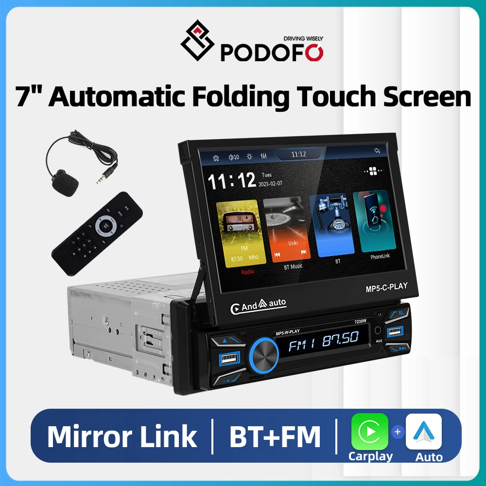 Podofo 1Din Car Radio CarPlay Multimedia Video Player 7&quot; Retractable Screen - £110.23 GBP+