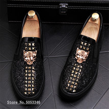 New Men&#39;s Fashion Casual Shoes Gold/red Glitter Leisure Slip on Rivets Loafers S - £62.62 GBP