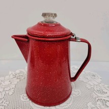 Vtg Red White Speckled Graniteware Enamelware Coffee Pot Percolator 9&quot; tall - $29.02