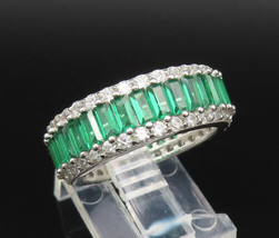 925 Silver - Vintage Emerald &amp; Cubic Zirconia Eternity Band Ring Sz 7.5- RG25568 - £30.31 GBP