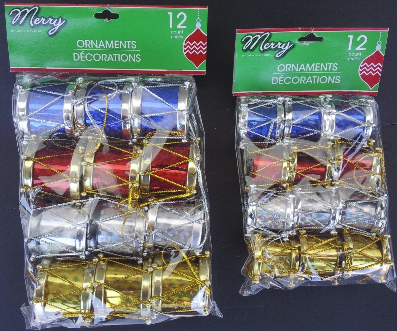 CHRISTMAS DRUM ORNAMENTS w Loops Holographic Foil 12/Pk, XM3, Select Dru... - $3.49