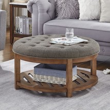 24Kf Large Round Upholstered Tufted Linen Ottoman Coffee Table, Large, Granite - $268.94