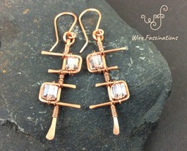 Handmade copper earrings: geometric design wire wrapped with pink cube crystals - £27.97 GBP