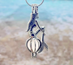 Silver Plated Mermaid w/ PINK Sea Glass Cage Locket Necklace 18&quot;, Jewelr... - $16.80