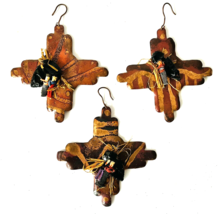 3 Artisan Copper Sun Ornament Cross Shape + Tiny Dolls + Stone Arrowhead 4.5&quot; - £19.01 GBP