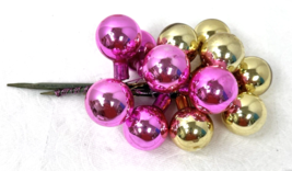 Vintage Christmas Hot Pink Gold Cluster Mercury Glass 12 1 1/4&quot; Balls Picks - $22.28