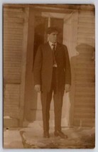 RPPC Man Posing At Door In Winter Snow Photo Postcard F44 - £4.59 GBP