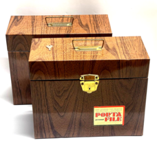Two Vintage 1970s Porta File Metal Storage Tin File Boxes Wood Grain + Key - £39.65 GBP