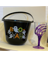 ?HALLOWEEN Spooky Trick-or-Treat Buckets with designs &amp;PLASTIC PARTY GLA... - $11.00