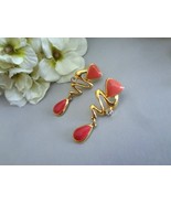Coral and Gold Earrings Abstract Drop Earrings Squiggle Earrings Vintage... - $17.99