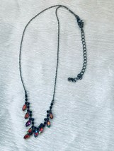 Estate Oxidized Silvertone Chain with Iridescent Red Marquise &amp; Black Rh... - £10.95 GBP
