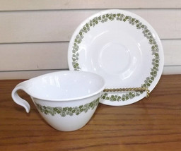 Corelle Green Crazy Daisy Cups &amp; Saucers Hook Handle Coffee Cup Vintage ... - £9.42 GBP