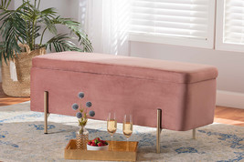 Abigail Blush Pink Velvet Fabric Gold Finished Metal Storage Bench - $2,968.15 MXN