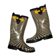 Capelli Tall Sporty Rubber Rain Boots Black Yellow Zig Zag Women&#39;s Size 7 - £15.47 GBP