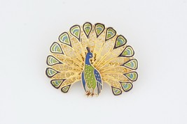 14k Yellow Gold Enamel Peacock Brooch Topazio Gorgeous - $427.67