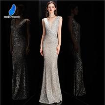 Elegant V-Neck Sequin Evening Dress Long Bodycon Maxi Prom Dress - £82.46 GBP+