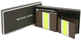 Michael Kors Billfold Wallet Box Set Brown Neon Green Logo 36H1LGFF1B NI... - $54.44