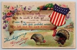 Thanksgiving Greetings Poem Turkeys Patriotic Floral Fruit Emb Postcard V22 - £7.15 GBP
