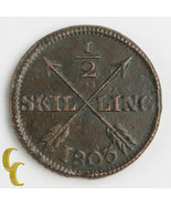 1803 Sweden 1/2 Skilling in XF Condition, KM# 565 - $40.54