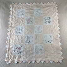 Vtg Hand Sewn Baby Quilt Embroidered Animals Pink White Girl Blanket 51” X 42” - £62.27 GBP
