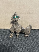 Vintage Silver Tone Poodle Brooch Pin with Green Rhinestone Eyes - £11.68 GBP