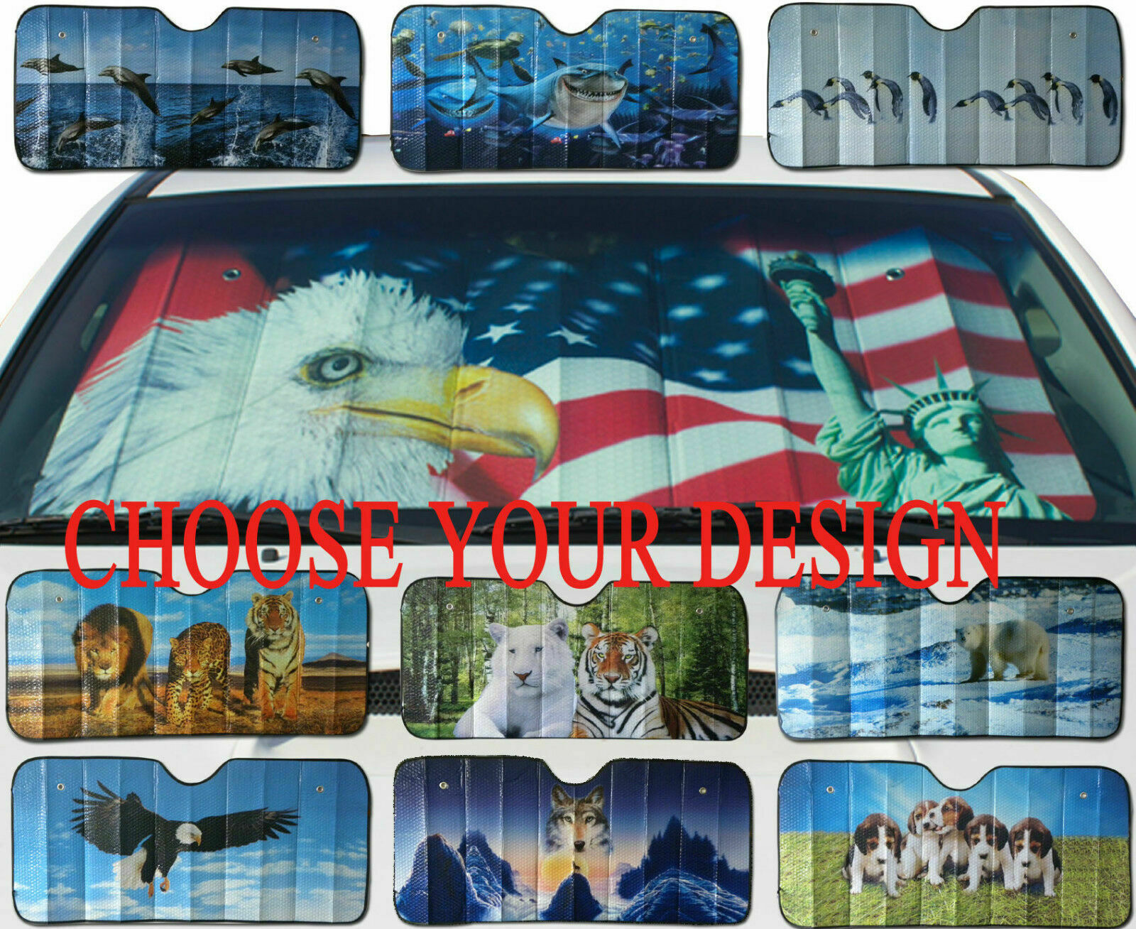 CC Car Window Sun Shade /American Flag /Eagle /Polar Bear /Dolphin /Puppies - $12.99