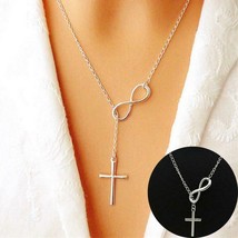 Infinity Charm Cross Pendant Cross Lariat Necklace  Lucky Number 8 Cross Jewelry - £8.11 GBP