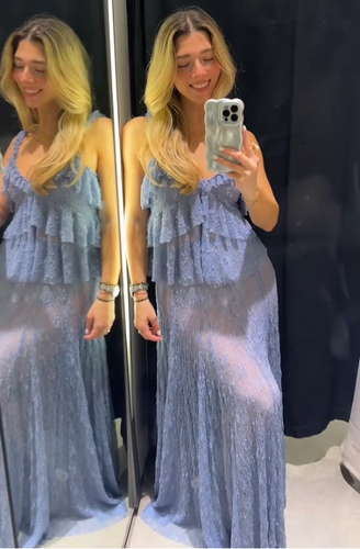 ZARA BNWT 2025. MID BLUE LONG LACE LONG SKIRT SEMI SHEER . 1058/157/427 - $66.16