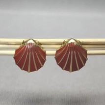 Vintage Monet Gold-tone Red Enamel Scallop Seashell Earrings .75&quot; Pierce... - $21.78
