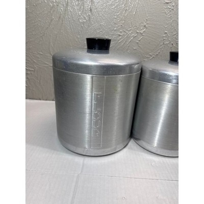 Vintage MCM Spun Aluminum Canister Set Flour Sugar Coffee Tea Lids Black Grease Item image 2