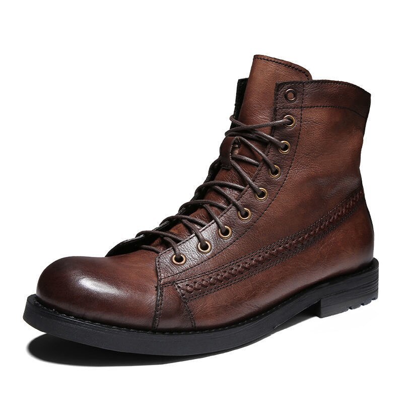 Retro Big Round Toe Men boots British Style Cool Leather Lace Up Ankle Boots Man - $80.31