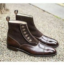 Mens Handmade Brown Boots Button Ankle Leather Shoes For Men - £127.88 GBP+