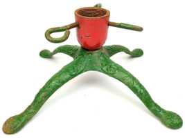 Antique Ornate 1900s Cast Iron Christmas Tree Stand 4 Leg 18&quot; Green/Red Old Rare - £59.33 GBP