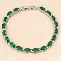 14K White Gold Plated Brass Oval 5 CT Simulated Emerald Tennis Link Bracelet 7&quot; - £37.27 GBP