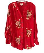 Fig and Flower Women’s Large Red Embroidered Boho Blouse Floral Roll Tab... - $25.20