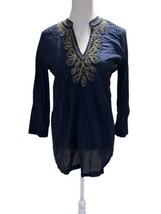 Lilly Pulitzer Size XS Navy Blue Gold Beaded Cotton Tunic Top - $20.36